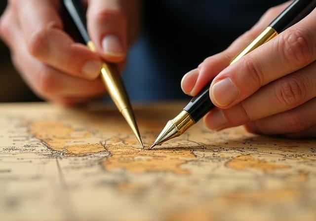 Manos artesanas trabajando sobre un mapa con instrumentos de navegación clásicos